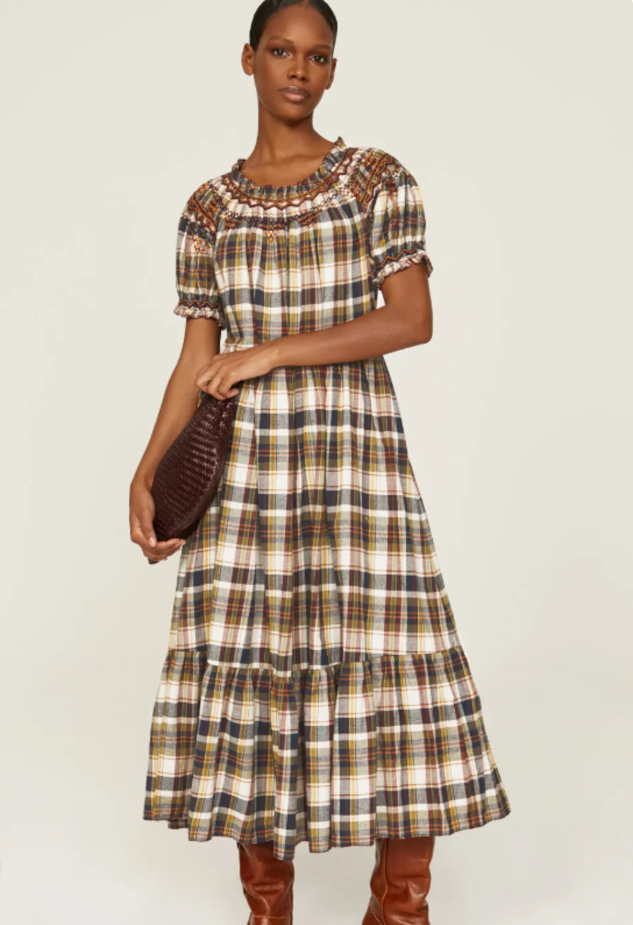 THE GREAT Sea Glass Plaid Maxi Dress Sz 3 L Cotton Tiered Puff Slv Boho Cottage
